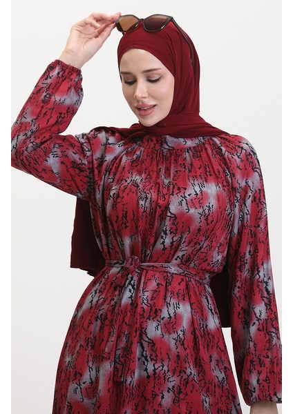 Kuşaklı Desenli Elbise 0454-01 Bordo