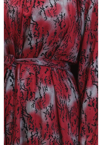 Kuşaklı Desenli Elbise 0454-01 Bordo