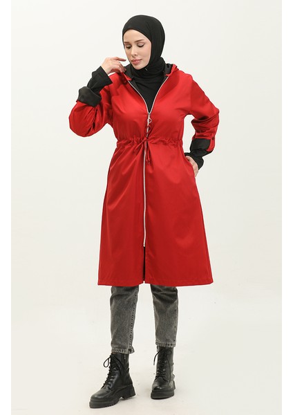 Beli Büzgülü Kapüşonlu Yağmurluk 0295-03 Bordo
