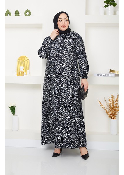 Büyük Beden Desenli Elbise 0716-01 Siyah