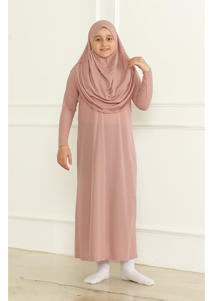 Tek Parça Başörtülü Pratik Çocuk Namaz Elbisesi 1985-06 Pudra