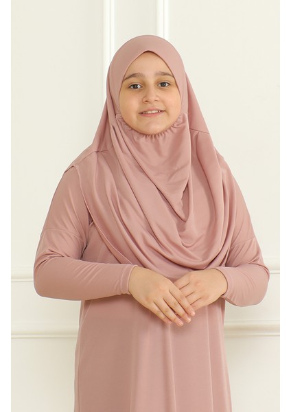 Tek Parça Başörtülü Pratik Çocuk Namaz Elbisesi 1985-06 Pudra modelleri