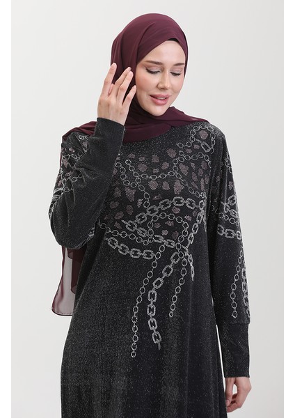 Taşlı Abiye Elbise 0433-03 Siyah Pembe
