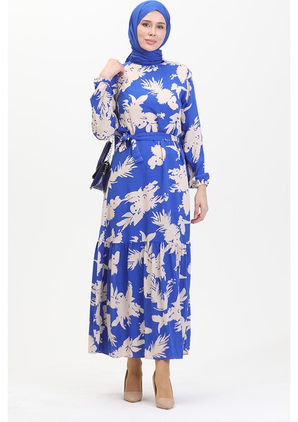Desenli Kuşaklı Elbise 0444-06 Saks Bej