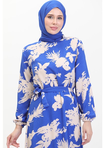 Desenli Kuşaklı Elbise 0444-06 Saks Bej modelleri