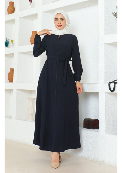 Bürümcük Kumaş Kuşaklı Ferace 1019-06 Lacivert