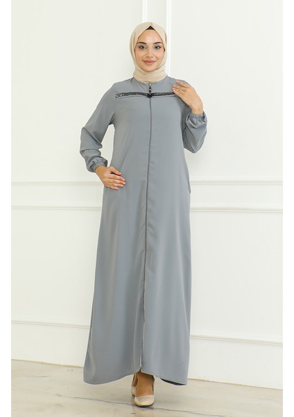 Kolu Lastikli Fermuarlı Ferace 0475-04 Gri