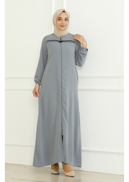 Kolu Lastikli Fermuarlı Ferace 0475-04 Gri modelleri