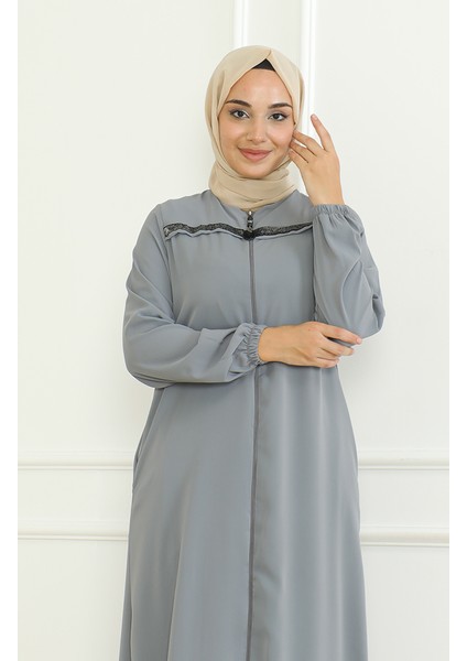 Kolu Lastikli Fermuarlı Ferace 0475-04 Gri indirimleri