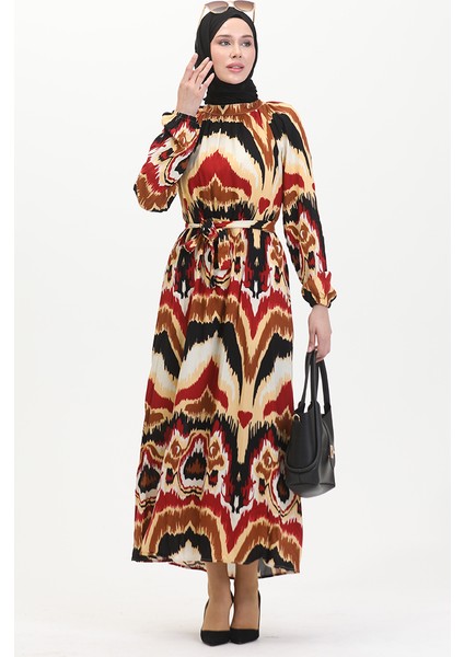 Desenli Kuşaklı Viskon Elbise 0501-04 Bordo Taba