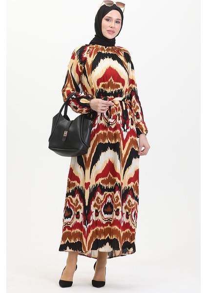 Desenli Kuşaklı Viskon Elbise 0501-04 Bordo Taba fiyatları