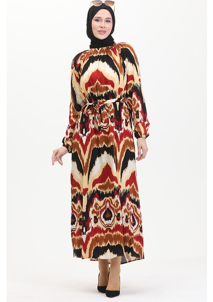 Desenli Kuşaklı Viskon Elbise 0501-04 Bordo Taba modelleri