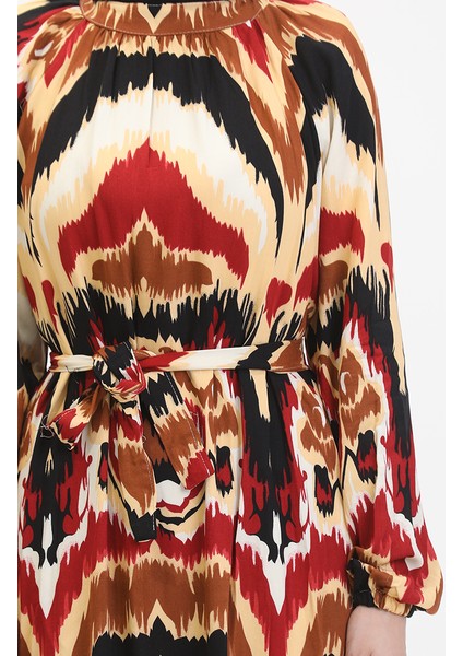 Desenli Kuşaklı Viskon Elbise 0501-04 Bordo Taba indirimleri