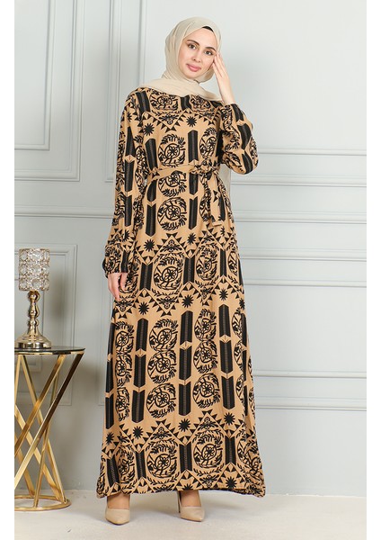 Desenli Kuşaklı Viskon Elbise 0499-06 Sütlü Kahve