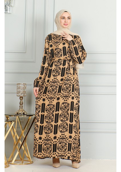 Desenli Kuşaklı Viskon Elbise 0499-06 Sütlü Kahve fiyatları