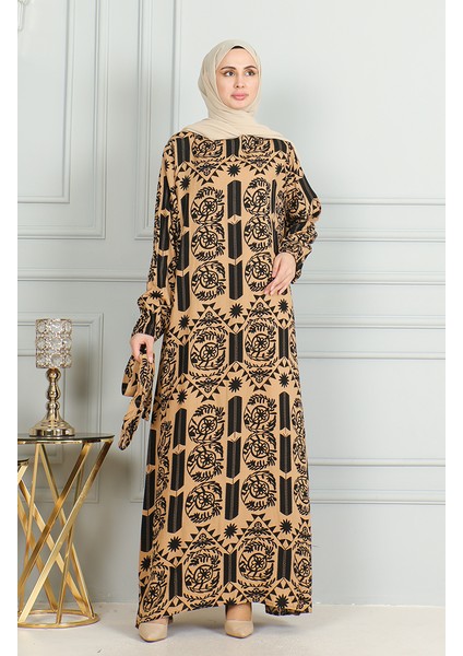Desenli Kuşaklı Viskon Elbise 0499-06 Sütlü Kahve modelleri