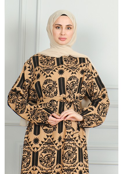 Desenli Kuşaklı Viskon Elbise 0499-06 Sütlü Kahve fırsatları