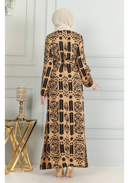 Desenli Kuşaklı Viskon Elbise 0499-06 Sütlü Kahve indirimleri