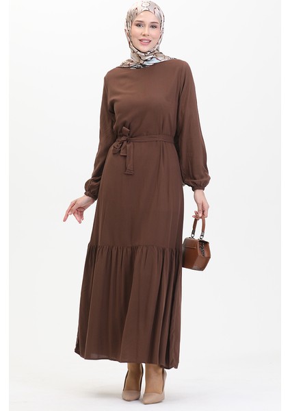 Kuşaklı Elbise 0512-06 Kahverengi