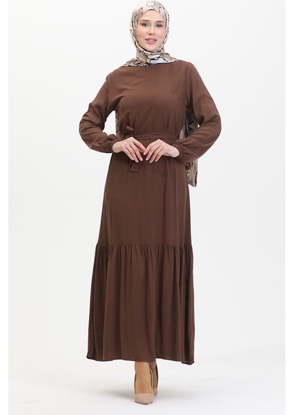 Kuşaklı Elbise 0512-06 Kahverengi modelleri