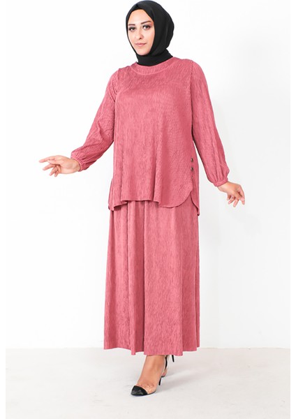 Büyük Beden Piliseli Tunik Etek Ikili Takım 2606-05 Pembe
