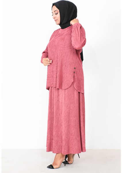 Büyük Beden Piliseli Tunik Etek Ikili Takım 2606-05 Pembe modelleri