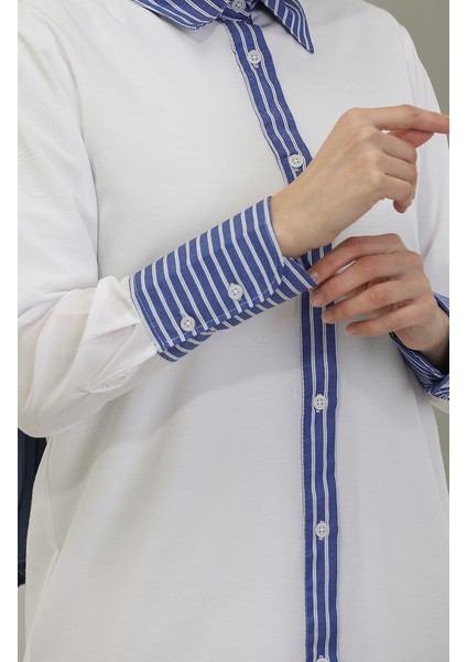Çizgili Garnili Tunik 4823-06 Beyaz