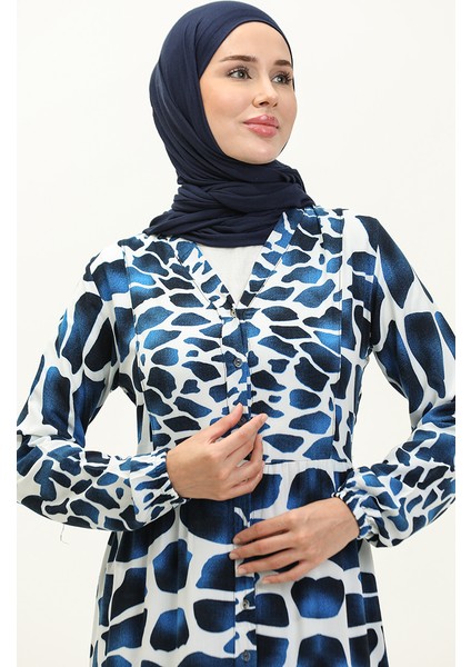 Renk Garnili Viskon Elbise 0146-04 Saks Beyaz modelleri