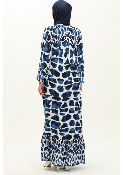 Renk Garnili Viskon Elbise 0146-04 Saks Beyaz indirimleri