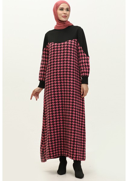 Kazayağı Desenli Elbise 0183-02 Siyah Pembe