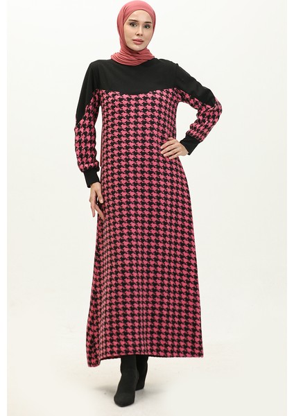 Kazayağı Desenli Elbise 0183-02 Siyah Pembe