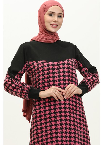 Kazayağı Desenli Elbise 0183-02 Siyah Pembe