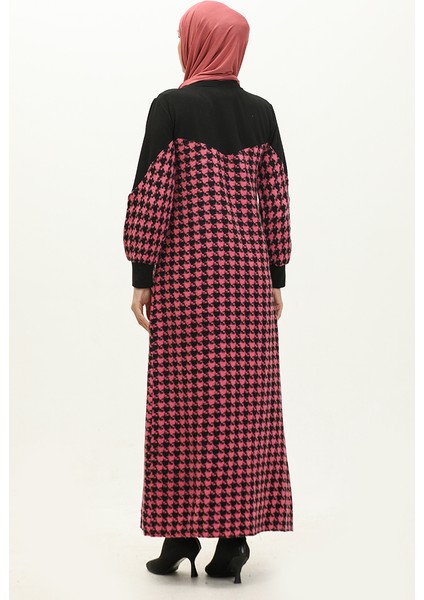 Kazayağı Desenli Elbise 0183-02 Siyah Pembe