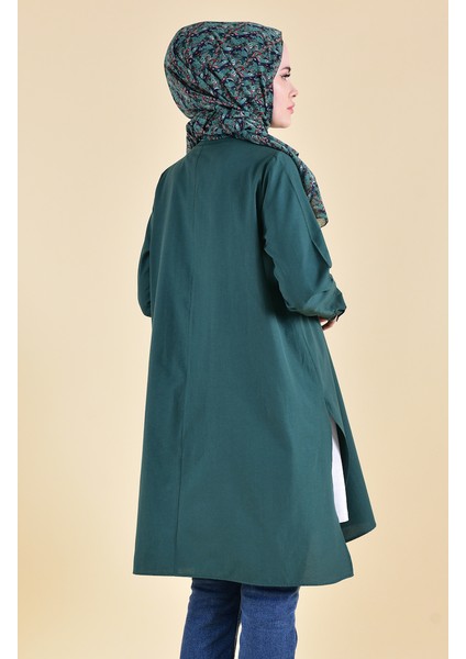 Gizli Düğmeli Yırtmaçlı Tunik 6478-05 Zümrüt Yeşili