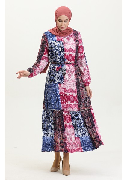 Alisa Farbalı Kuşaklı Viskon Elbise 4599G-01 Saks Mürdüm