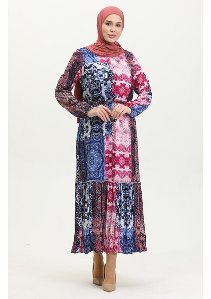 Alisa Farbalı Kuşaklı Viskon Elbise 4599G-01 Saks Mürdüm