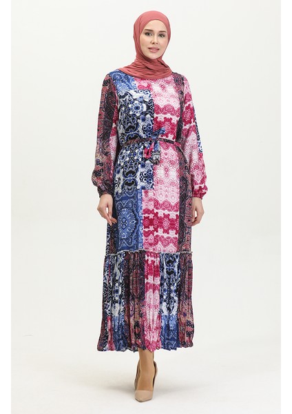 Alisa Farbalı Kuşaklı Viskon Elbise 4599G-01 Saks Mürdüm