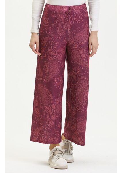 Beli Lastikli Desenli Bol Paça Pantolon 8734-01 Mürdüm