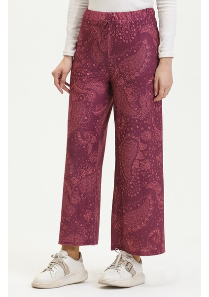 Beli Lastikli Desenli Bol Paça Pantolon 8734-01 Mürdüm