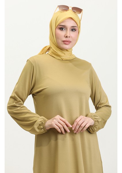 Sade Kol Ucu Lastikli Krep Tunik 8709-04 Safran Renk modelleri