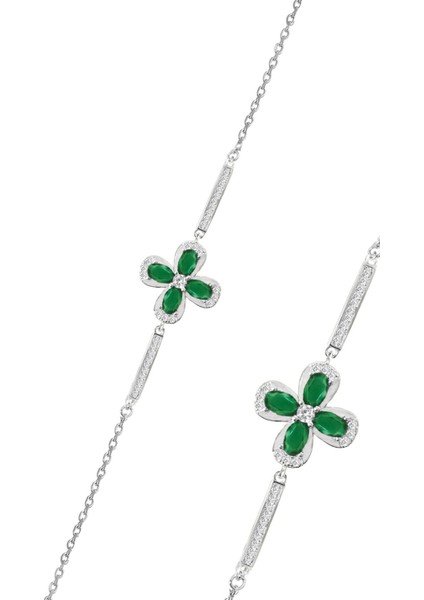 Gümüş Rodyumlu Yeşil Zirkon Taşlı Şansın Gücü Yonca Bileklik SGTL12642YESIL