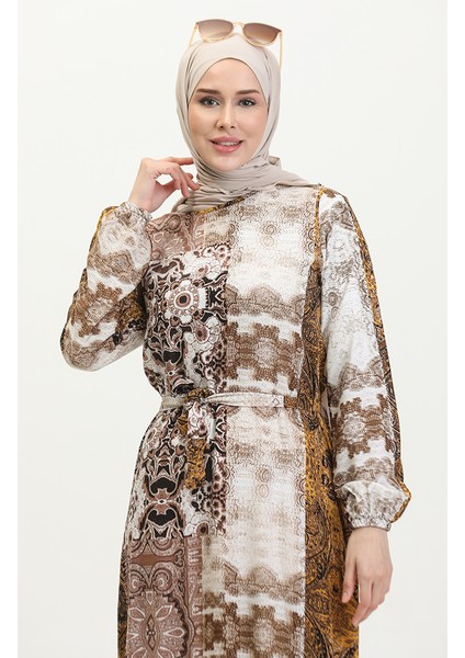 Alisa Farbalı Kuşaklı Viskon Elbise 4599G-03 Hardal Vizon fırsatları