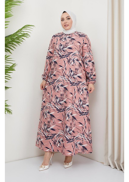 Büyük Beden Desenli Elbise 0711-02 Pudra
