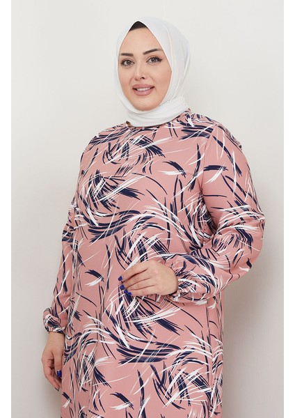 Büyük Beden Desenli Elbise 0711-02 Pudra fiyatları