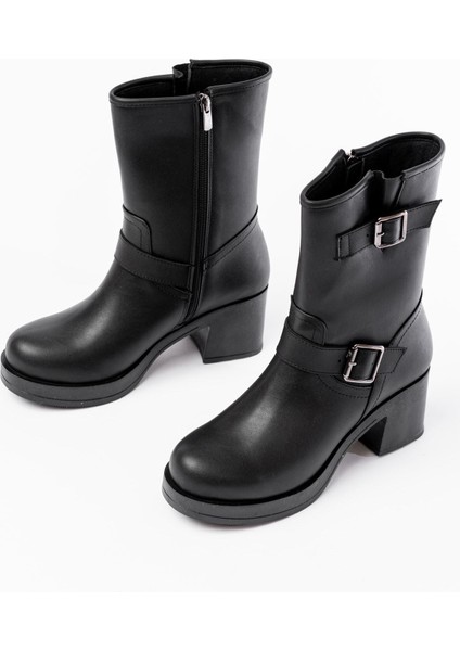 5109-3043 Siyah Toka Aksesuarlı Fermuarlı Kalın Topuklu Günlük Kadın Bot indirimleri