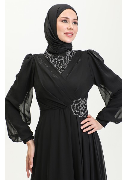 Taş Baskılı Abiye Elbise 52882-02 Siyah