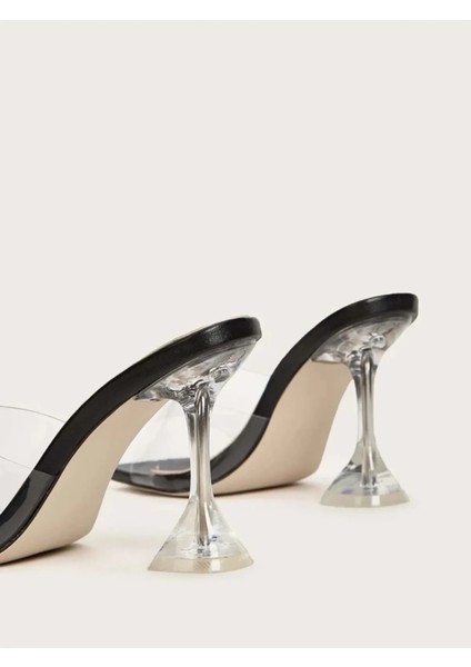 Kadın Siyah 8 cm Şeffaf Topuklu Küt Kare Burunlu Stiletto Ayakkabı Terlik