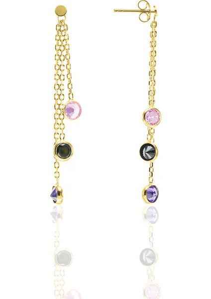 Gümüş Altın Yaldızlı Zirkon Taşlı Renkli Zincir Işıltısı Küpe SGTL12632GOLD