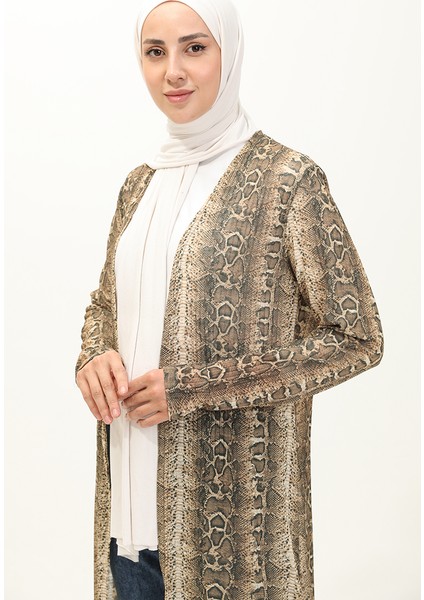 Leopar Desenli Uzun Hırka 8635-01 Kahverengi