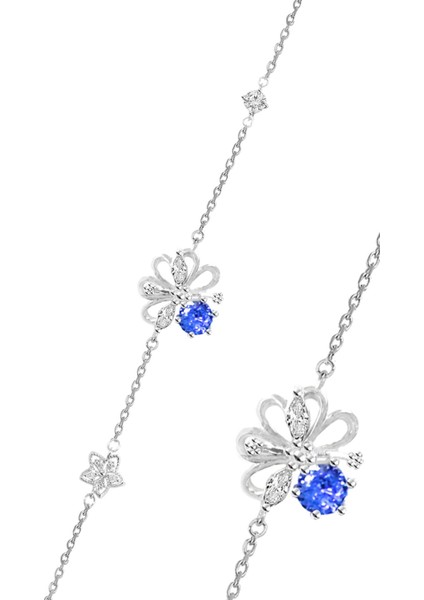 Gümüş Rodyumlu Mavi Zirkon Taşlı Büyülü Çiçekler Kadın Bileklik SGTL12648MAVI